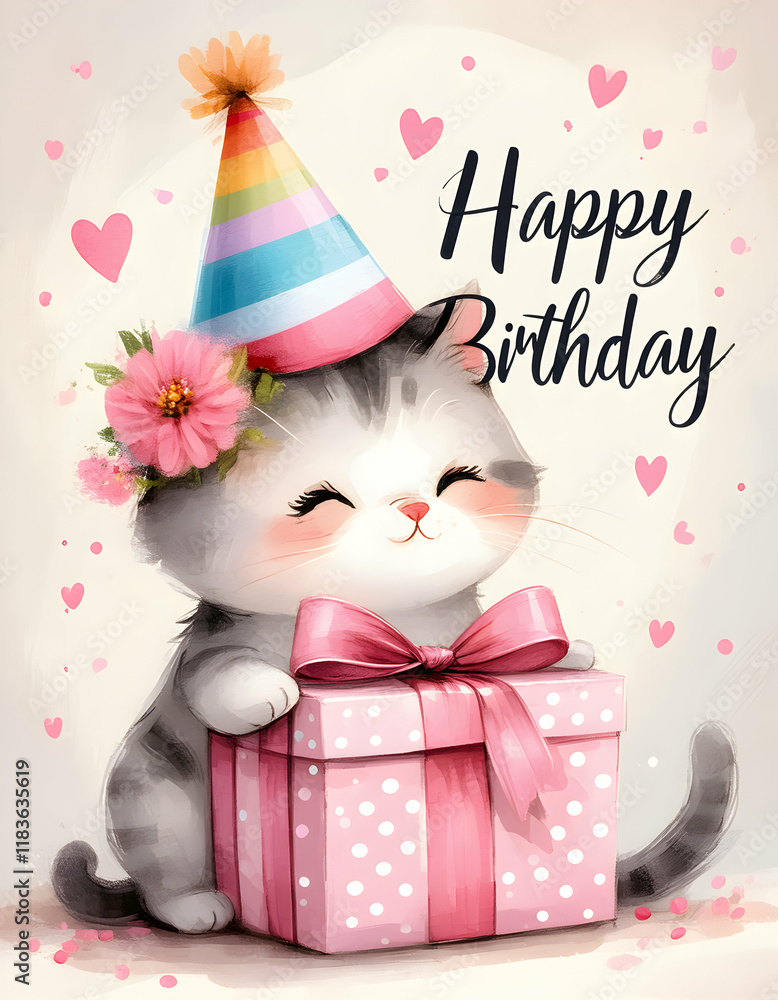 Wall mural A cute, cartoonish cat wearing a birthday party hat, holding a gift box