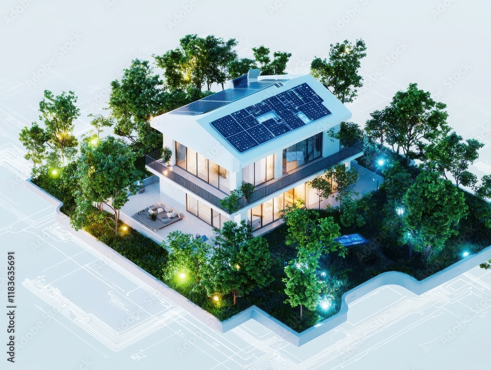 Poster smart home automation technology implementation in a modern eco-friendly house with solar panels and