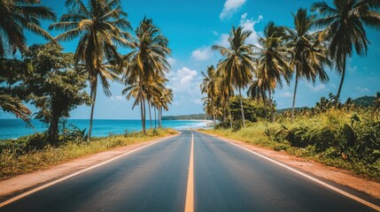 A coastal bike trail with coconut trees swaying gently in the breeze and the sea stretching into the distance