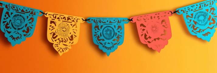 Fototapeta premium Vibrant Cinco de mayo papel picado decoration celebrating mexican culture. Horizontal banner. Copy space. Independence day of Mexico