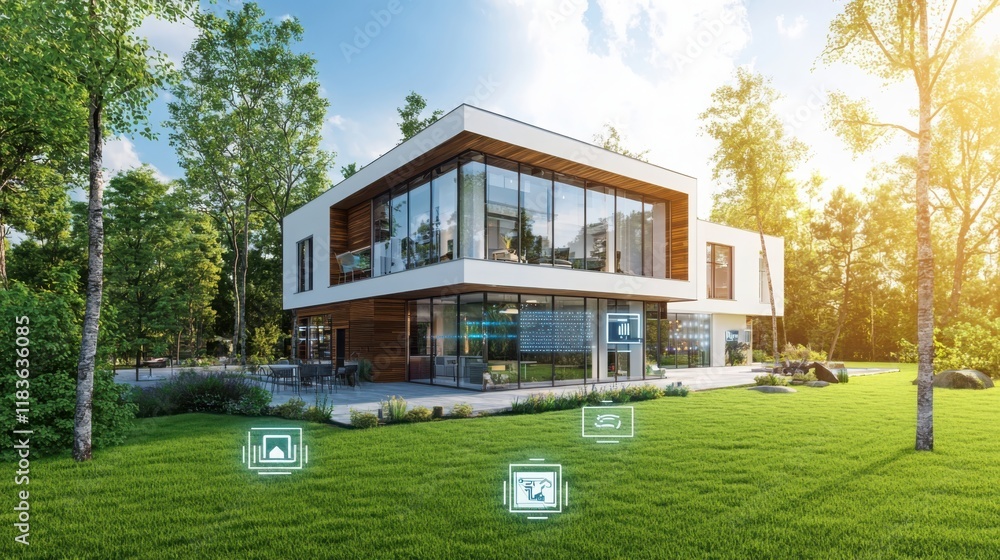 Poster smart home automation program demonstrating advanced technology solutions in a modern suburban envir