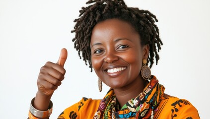 Radiating joy, a woman beams a bright smile while giving a thumbs up. Dressed in colorful traditional clothing, she expresses confidence and positivity in a well-lit room. Generative AI
