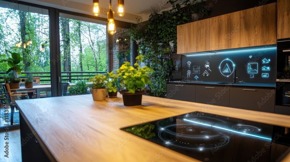 Poster smart home automation program focusing on user feedback in a modern kitchen setting contemporary des