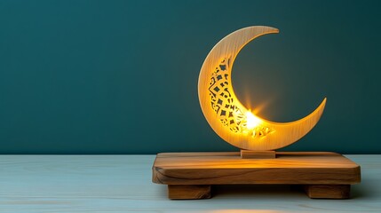 Illuminated Wooden Crescent Moon Decorates Wooden Base
