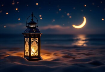 Ramadan greeting poster image, Beautiful lantern lamp on the beach with crescent moon on the night sky, 2025 Ramadan Kareem and Eid Mubarak photography