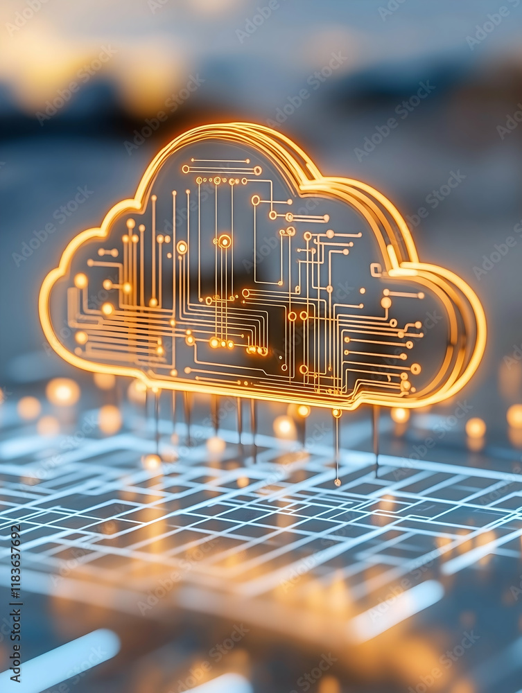 Poster a glowing cloud symbol with digital circuits represents cloud computing and technology, set against 