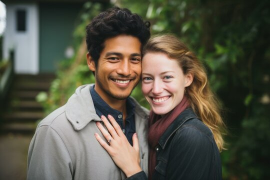 Interracial couple smiling and showing engagement ring while standing outside their home