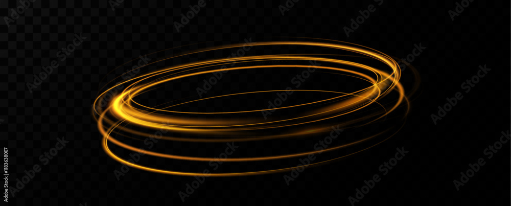 Poster Shiny vortex rings shimmer on a transparent background. Sparkling circles with light effect. Light circle swirl neon lighting effect, spiral light lines.	