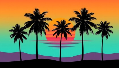 Silhouette Palm Trees Sunset Tropical Ocean Scene Vibrant Colors