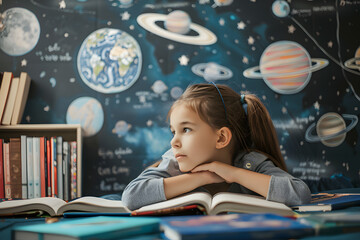 Girl dreaming of becoming scientist or astronaut while studying astronomy