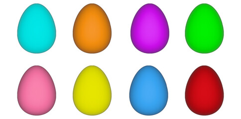 Set of 3D colorful Easter eggs in eight different shades isolated on white background. Holiday decoration and design element