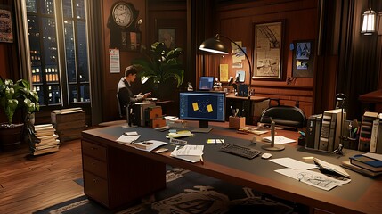 A man is sitting at a desk in a cluttered room with a clock on the wall