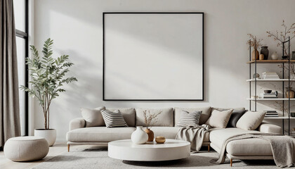 Modern Living Room with Blank Canvas and Greenery