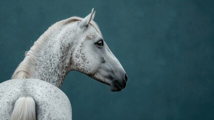 A close-up profile of a white horse against a textured blue background.