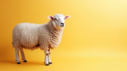 Obraz premium A fluffy white sheep grazing on a bright yellow background, symbolizing simplicity and calm