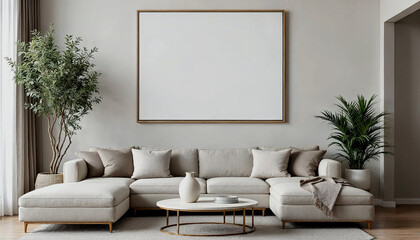 Modern Living Room with Blank Canvas and Greenery