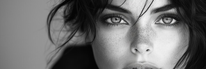 Beautiful woman with freckles showing natural beauty in black and white portrait