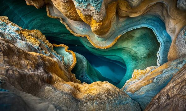 Abstract geode formation with vibrant blue and gold layers.