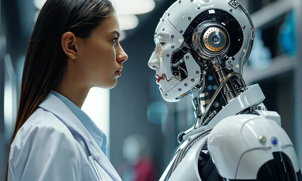 Futuristic woman and AI robot face-to-face interaction.