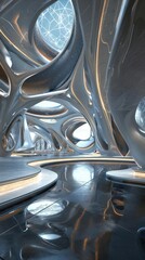 Capture a panoramic view of futuristic technologies integrated seamlessly into architectural 