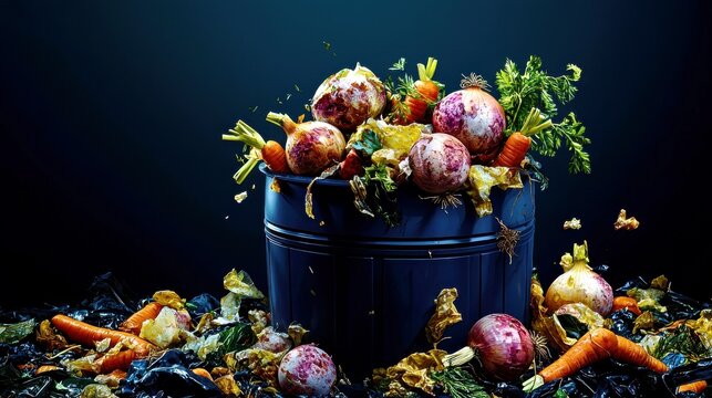 Fresh Vegetables and Organic Waste Piled Together in a Dark Background with Colorful Food Scraps and Kitchen Composting Elements - Powered by Adobe