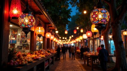 Obraz premium Colorful Ramadan lanterns illuminating the street at night, traditional oriental style and festive atmosphere. Islam, faith, religion, traditions