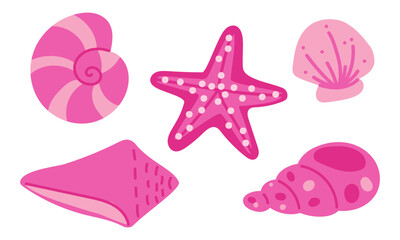 A set of flat seashells in pink colors. Oceanic exotic underwater seashell, aquatic clam, spiral snails. Tropical beach shells. Modern flat style, isolated on a white background. Vector illustration