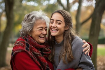 Fototapeta premium Senior woman and her granddaughter are sharing a tender moment, laughing together in a park during the fall season
