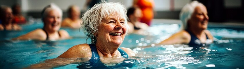 Fototapeta premium Joyful seniors enjoying water aerobics class in a bright indoor pool setting, enhancing fitness and social engagement while promoting healthy aging