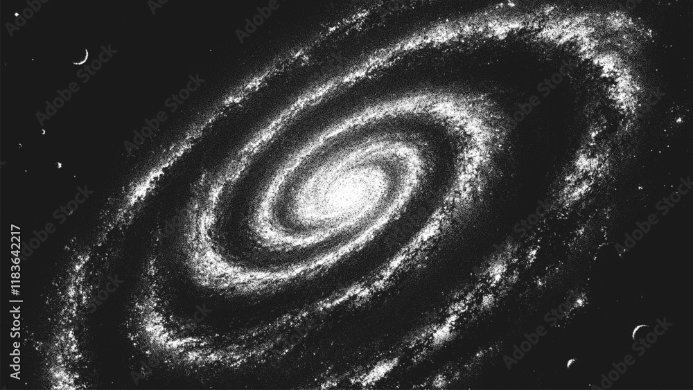 Aufkleber Deep space scene background in stippling style with huge glowing spiral galaxy and stars. Milky Way galaxy. Retro styled dotwork. Pointillism. Noisy grainy shading using dots. Vector illustration