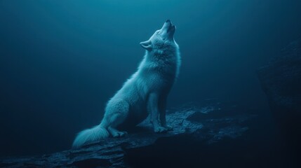 Naklejka premium A majestic white wolf howling on a midnight blue background, symbolizing strength and solitude