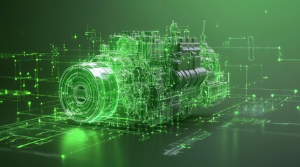 Fototapeta premium A modern hybrid engine displayed on a futuristic metallic gradient background, highlighting green technology