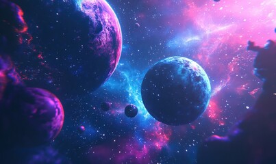 Obraz premium A breathtaking view of multiple glowing planets surrounded by bright nebula clouds in shades of purple, pink, and blue. The glowing celestial bodies contrast with the dark expanse of space