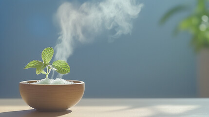 Peaceful Sprout: A tiny plant emerges from a wooden bowl, emanating a gentle steam, set against a serene blue backdrop. The image evokes feelings of tranquility, growth, and new beginnings. 