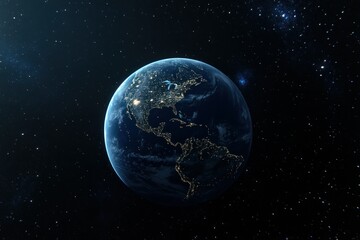A majestic view of Earth in space with its illuminated continents glowing against the dark starry galaxy. The visible landmasses and bright city lights reflect human civilization from orbit