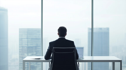 Strategic Vision: A businessman sits at his desk, gazing out at a sprawling cityscape, contemplating his next move.  The image evokes ambition, strategic thinking, and future planning.