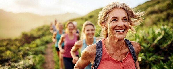 Fototapeta premium Joyful group of women hiking together on a scenic trail, surrounded by lush greenery and vibrant nature during a sunny day in the mountains
