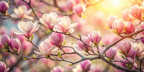 Obraz premium Soft Pink Blossoms on Magnolia Tree Branches , blossom, pink, blossom, pink
