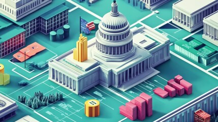 Illustration of a government budget influenced by economic policy, represented by digital charts and spending categories 