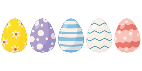 Vector horizontal set of colored Easter eggs with different patterns. Easter seasonal spring holiday template for decoration. Egg hunt game. 