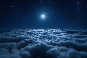 A serene view of the full moon illuminating a vast sea of clouds under a deep starry sky. The moonlight softly highlights the contours of the clouds