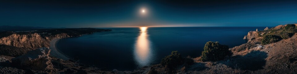 Fototapeta premium A panoramic view of a moonlit coastline under a dark sky. The moon's reflection stretches across the calm sea, glowing softly as cliffs and distant hills frame the serene and magical composition