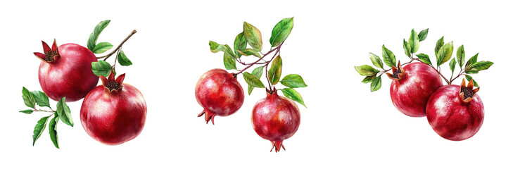 Three Illustrations of Pomegranate Fruits with Leaves, Isolated on Transparent and White Background