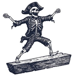 Obraz premium Skeleton Pirate Surfing Plank