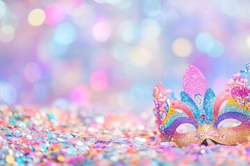 Colorful mask adorned with shimmering glitter against dreamy bac