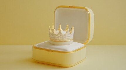 A radiant diamond crown displayed in an open jewelry case with a white satin interior on a pastel yellow background