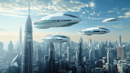 Futuristic white flying ships above futuristic skyscrapers, flying cars in the sky, wide shot, blue skies, photorealistic