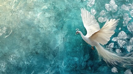 A regal white peacock with its feathers fanned out on a rich teal background, showcasing elegance