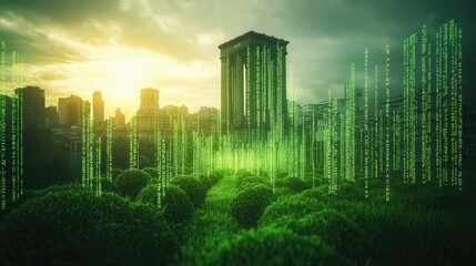Futuristic Cityscape at Sunset with Green Digital Overlay