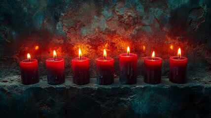 A burning candle on the background of old temples. Buddhism, Judaism, Christianity.